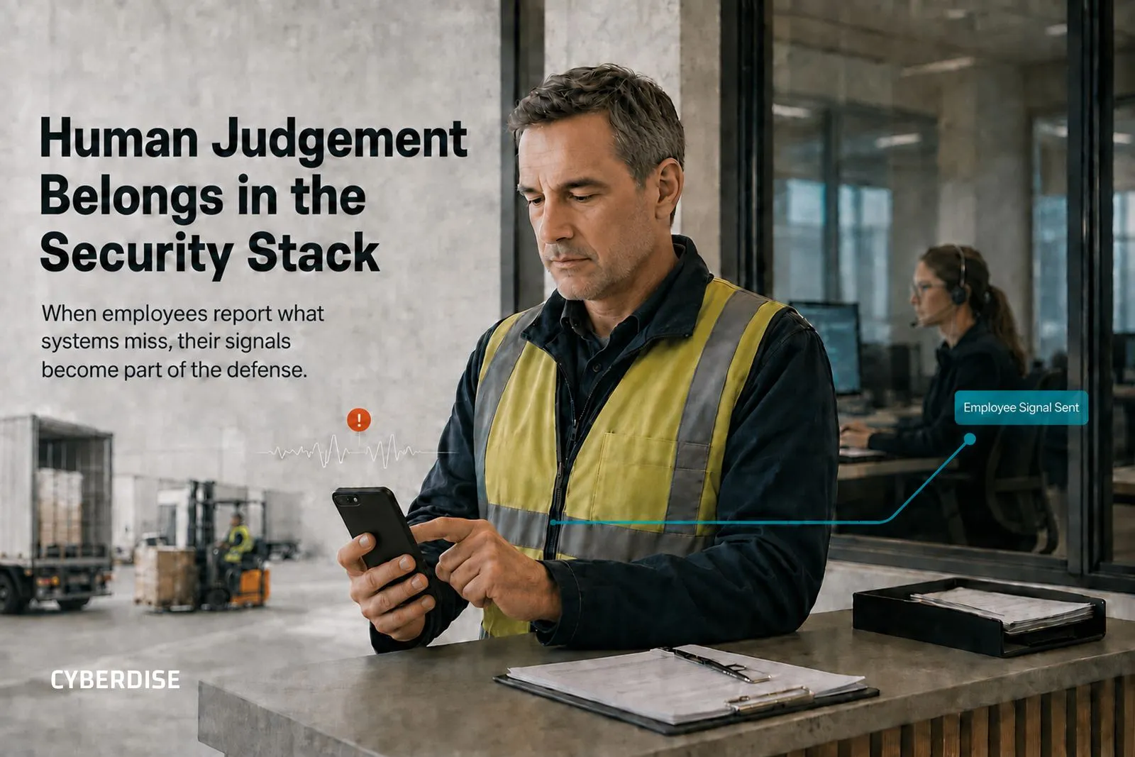 Grafik «Human Judgement Belongs in the Security Stack»: Arbeiter in Warnweste sendet per Handy ein Signal an eine Kollegin
