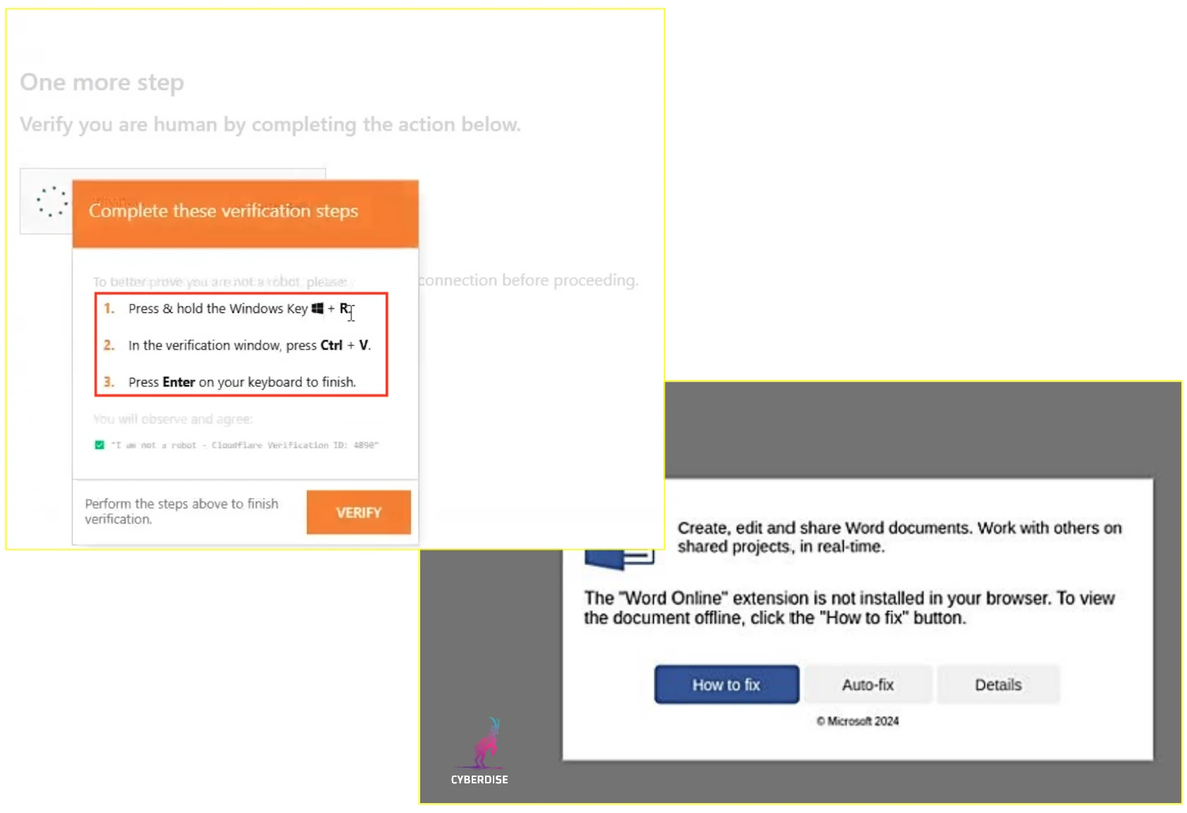 Two example ClickFix lures: a fake verification page telling the user to press Windows + R, then Ctrl + V and Enter, and a fake Microsoft Word error with a "How to fix" button