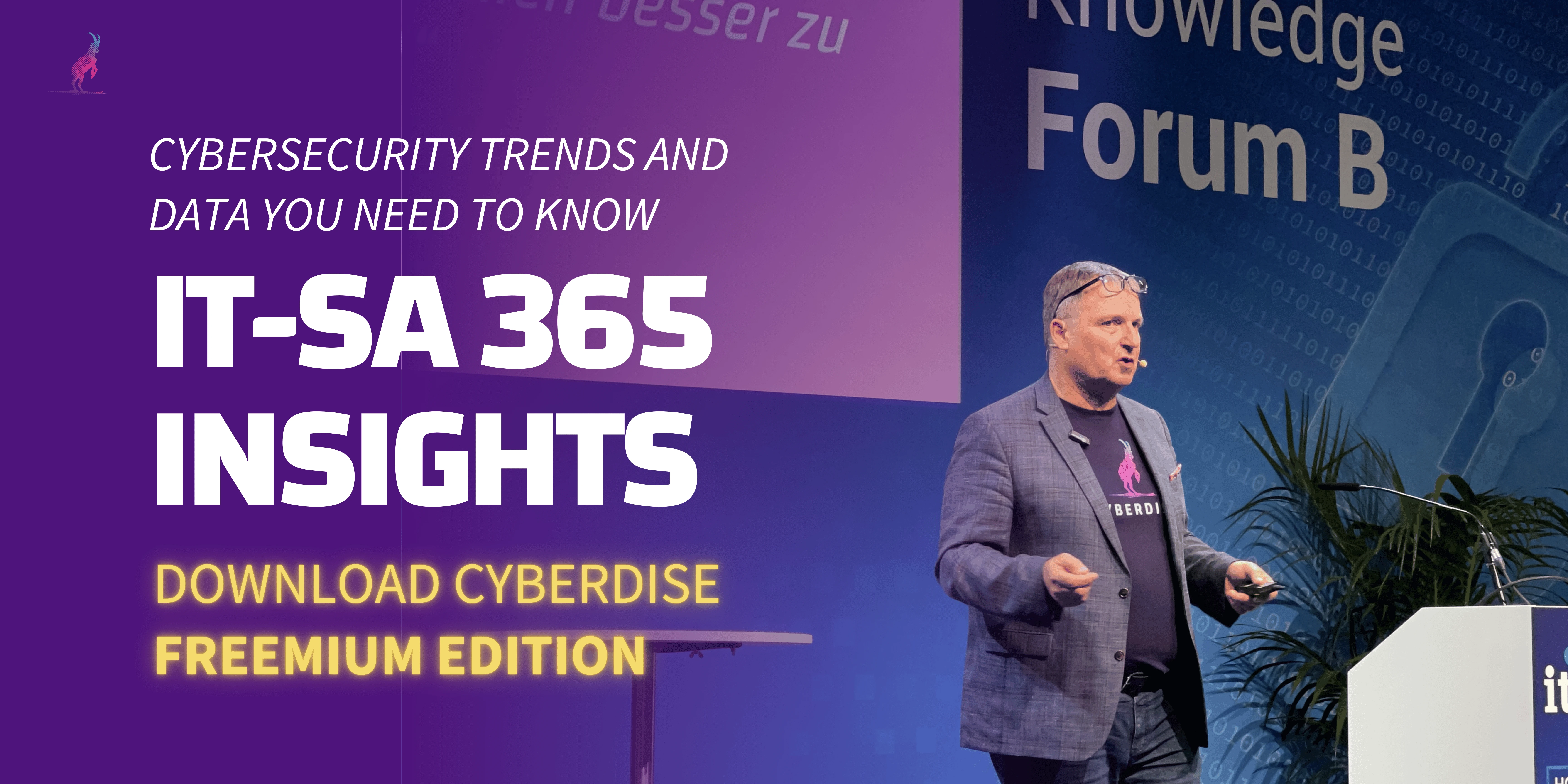 Title card: "IT-SA 365 Insights: cybersecurity trends and data you need to know", a speaker in a CYBERDISE shirt on stage