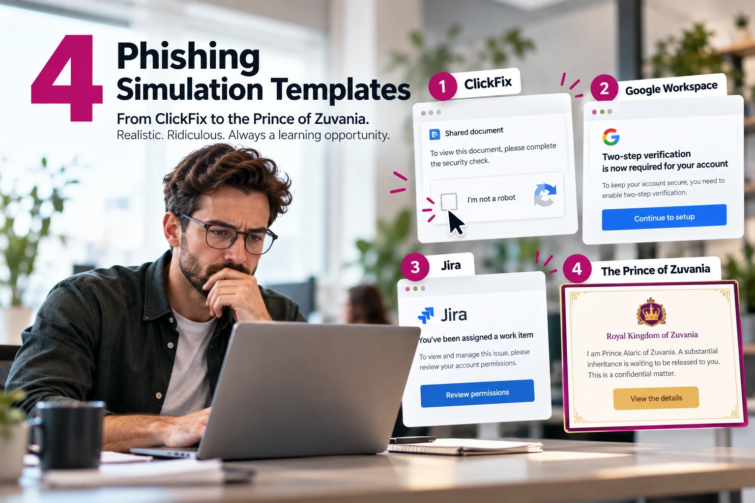 Two CYBERDISE phishing simulation templates: a shared document behind a fake Cloudflare CAPTCHA (ClickFix), and a fund release portal from the fictional Royal Kingdom of Zuvania