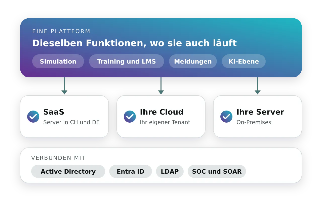Eine Plattform mit denselben Funktionen, ob Cyberdise als SaaS auf Servern in der Schweiz und Deutschland, in Ihrer eigenen Cloud oder auf Ihren eigenen Servern läuft, verbunden mit Active Directory, Entra ID, LDAP sowie Ihrem SOC und SOAR