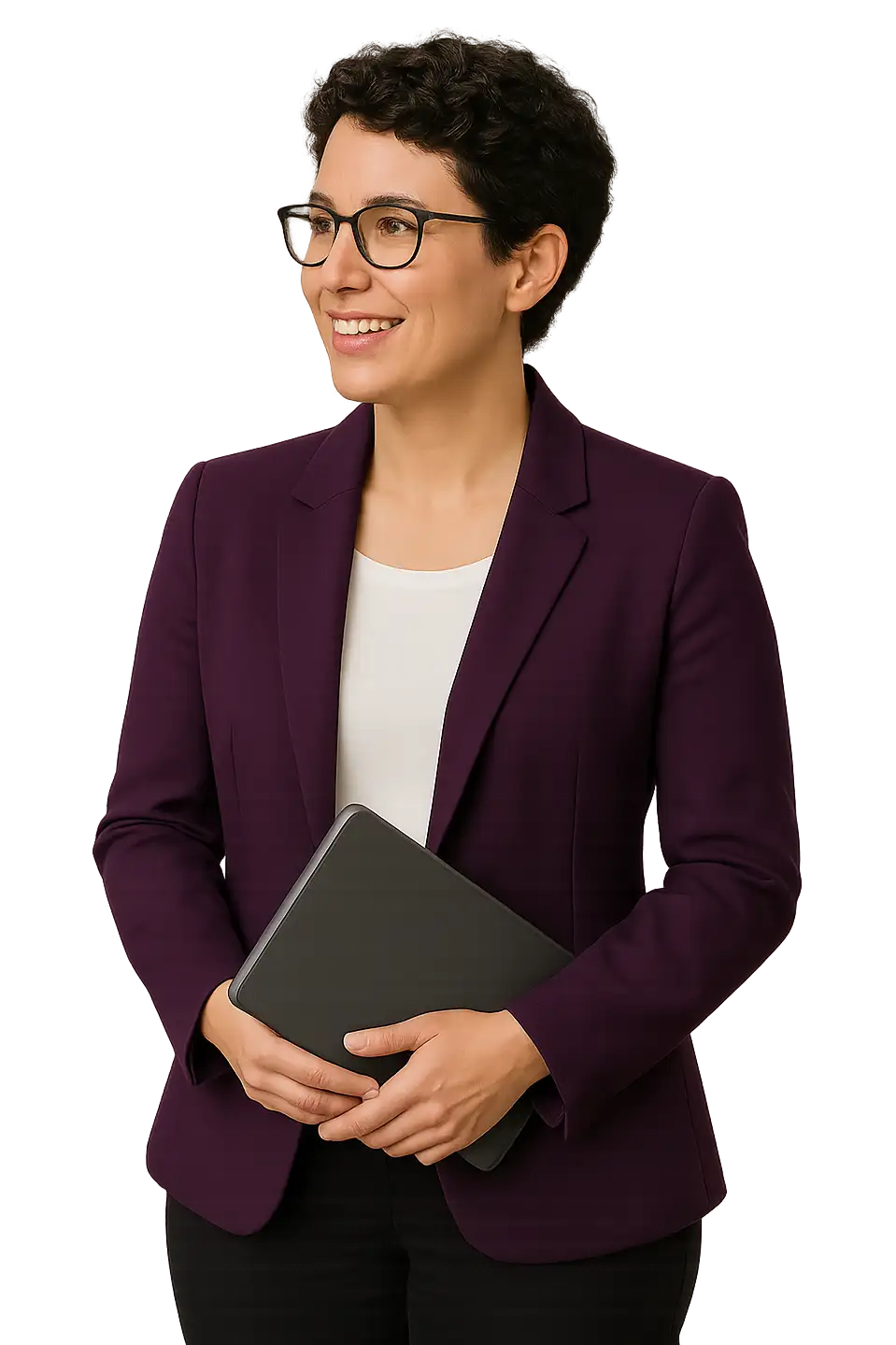 The head of IT at a mid sized company holding a tablet in both hands, turned mid sentence toward a colleague