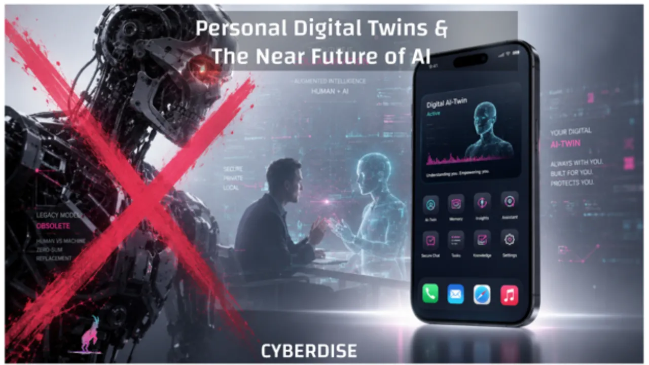 Titelgrafik: «Personal Digital Twins & The Near Future of AI» mit durchgestrichenem Roboter, KI-Hologramm und Twin-App