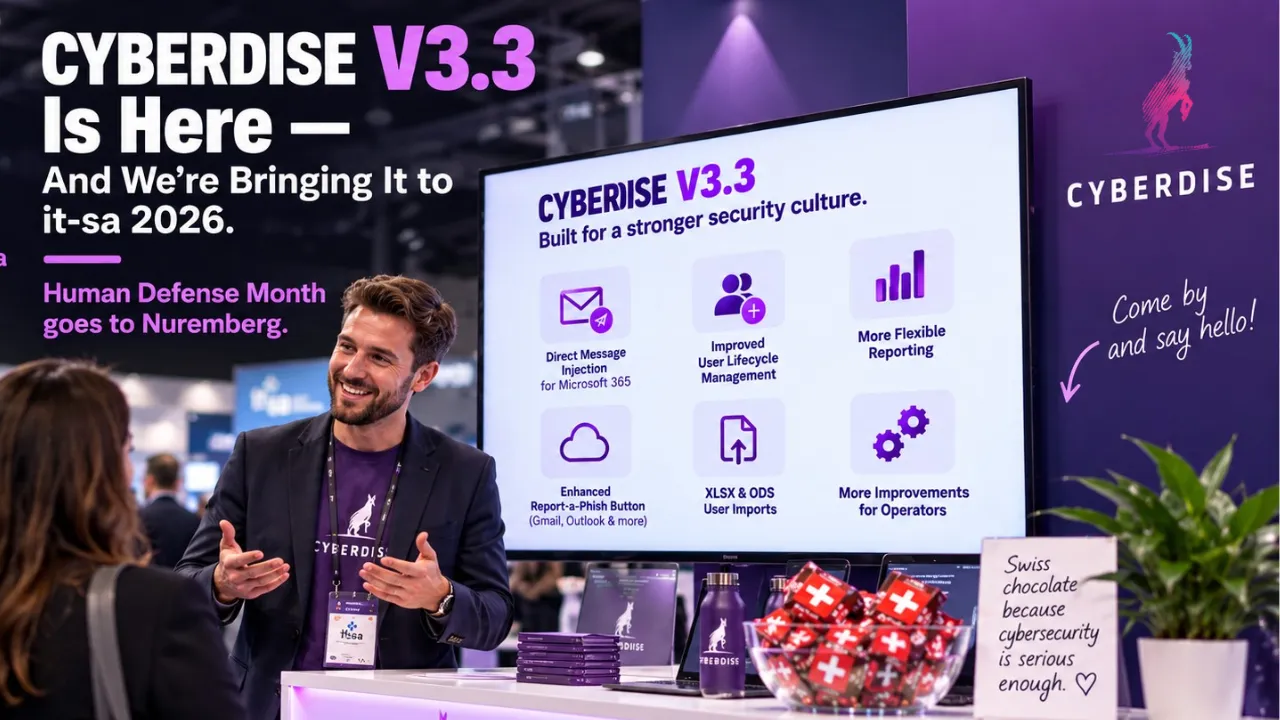 CYBERDISE V3.3 release banner with it-sa 2026 booth details, Hall 7, Booth 301a