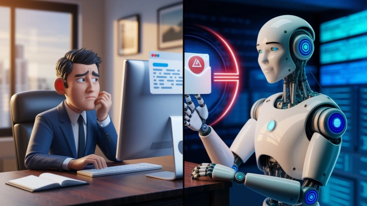 Illustration: ein ratloser Büroangestellter am Computer neben einem humanoiden Roboter, der eine E-Mail mit Warnsymbol hält