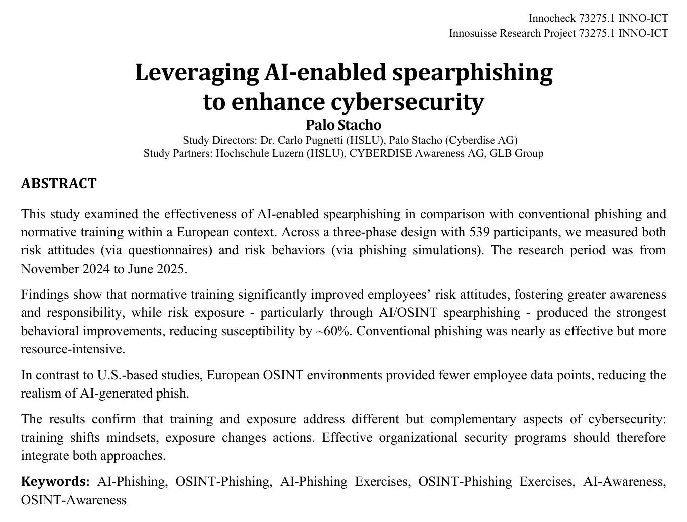 Top of the study report Leveraging AI-enabled spearphishing to enhance cybersecurity, with the study directors, the partners and the abstract