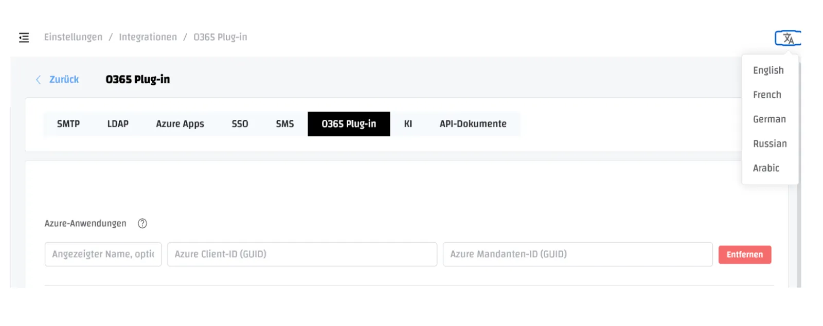 Screenshot: O365-Plug-in-Einstellungen mit offenem Sprachmenü (Englisch, Französisch, Deutsch, Russisch, Arabisch)