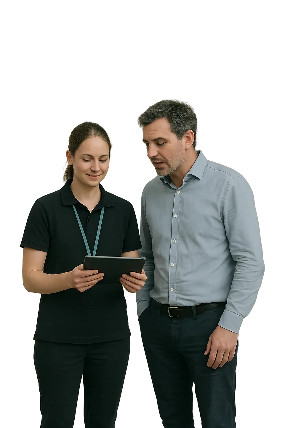 A training supervisor talking a metalworking apprentice through a module on a tablet, cut out against the page background