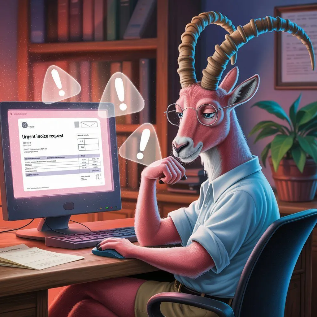 Illustration: ein rosa Steinbock mit Brille zögert vor einer dringenden Rechnungsanfrage am Bildschirm, rundum Warnsymbole