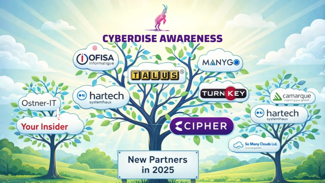 Grafik «New Partners in 2025»: Bäume unter dem Cyberdise-Awareness-Logo mit Partnerlogos wie OFISA, Talus und Cipher