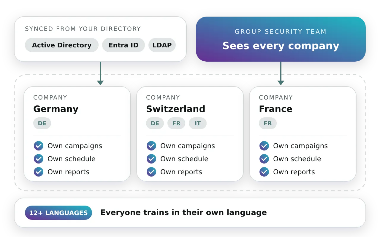 One Cyberdise platform for a group: users sync from Active Directory, Entra ID and LDAP into a separate environment per company, each with its own campaigns, schedule, reports and languages, while the group security team sees every company, with content in 12+ languages