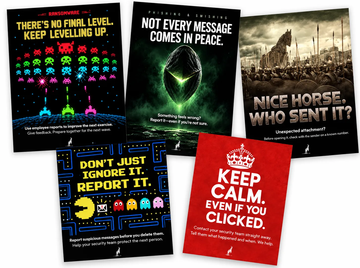 CYBERDISE poster set 3: Trojan Trap, Ransomware, Phishing and smishing, Keep calm, and Pac-Man