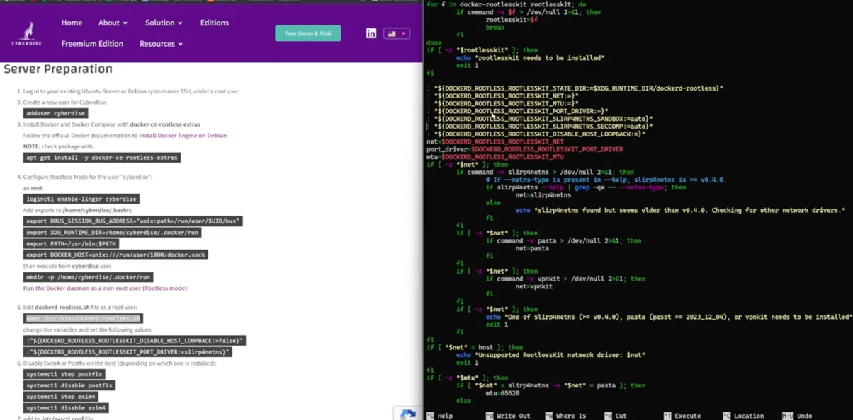 Screenshot: Freemium install guide "Server Preparation" beside a terminal editing the dockerd-rootless.sh script