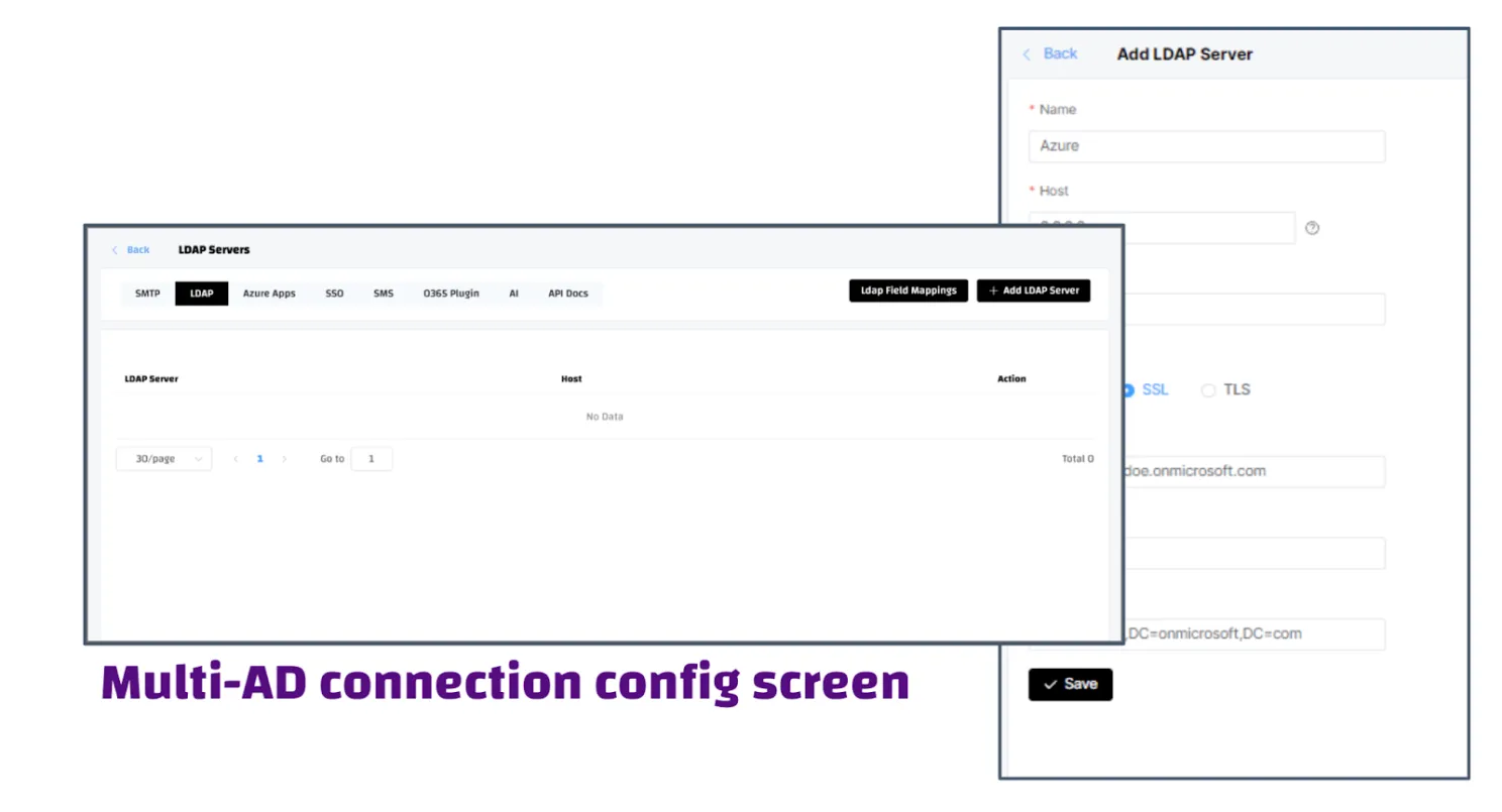 Screenshot of the Multi-AD connection config: LDAP server list and the "Add LDAP Server" form