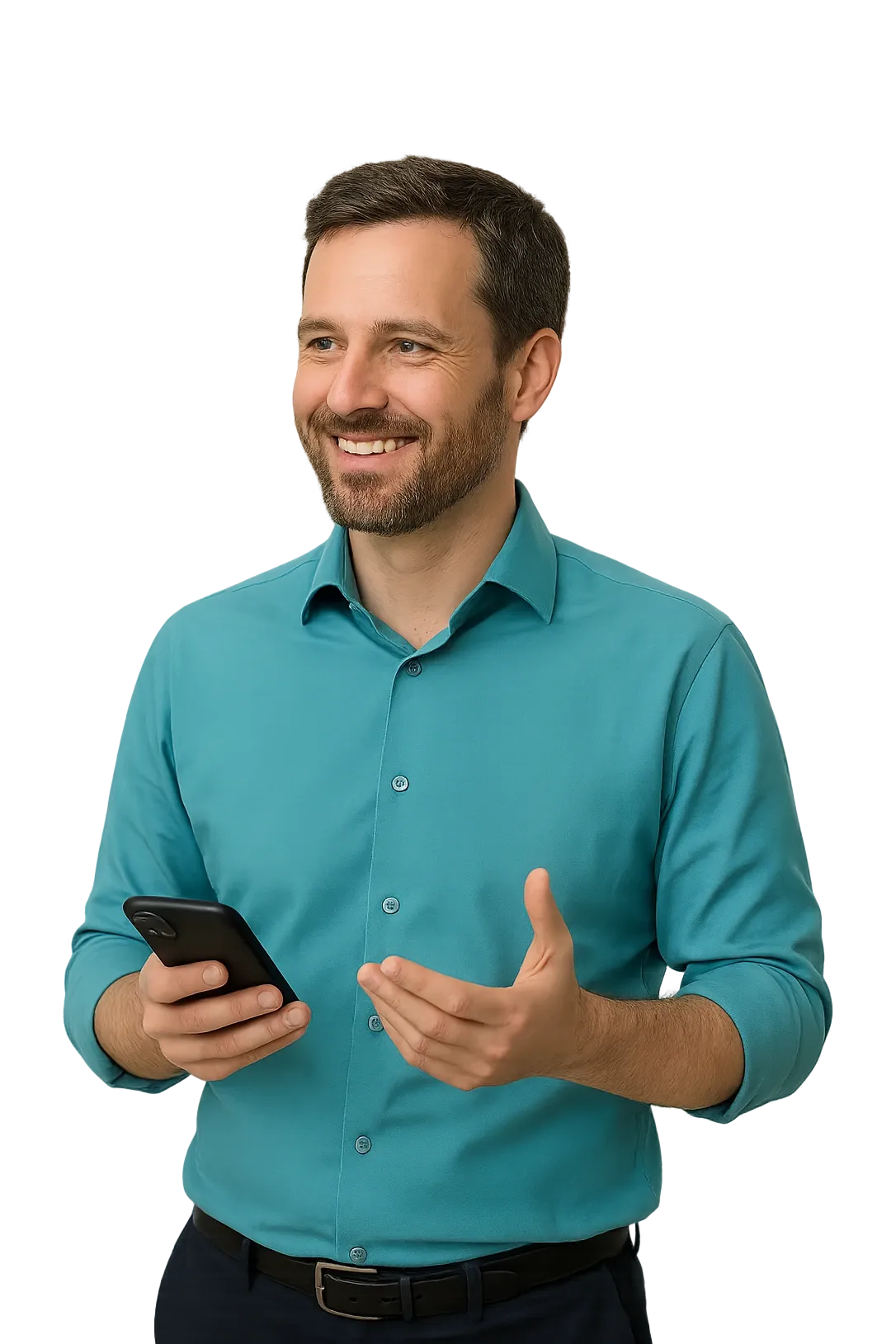 An IT lead at a manufacturing company holding a phone, cut out against the page background