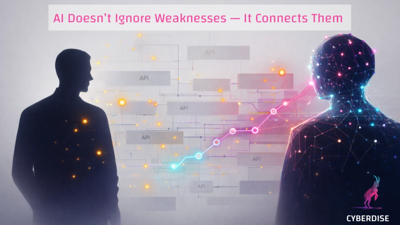 Grafik «AI Doesn't Ignore Weaknesses – It Connects Them»: Mensch und KI-Figur, verbunden über einen Pfad durch APIs