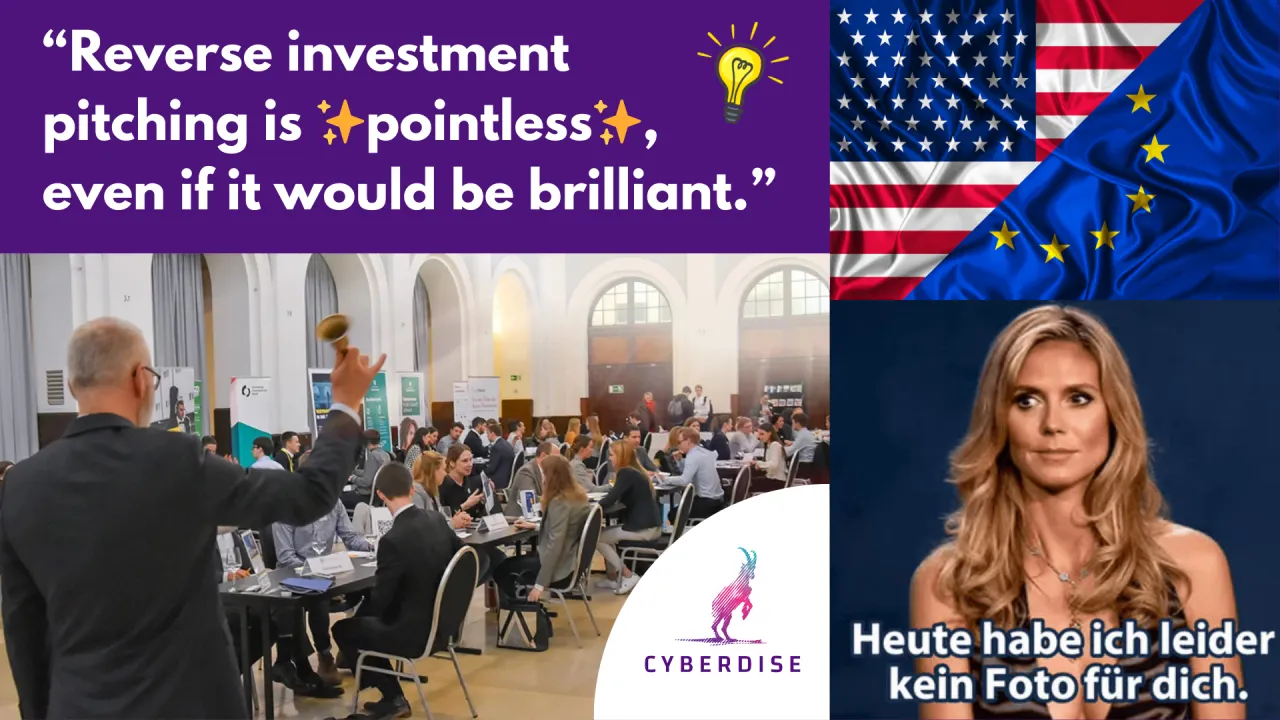 Collage: Zitat «Reverse investment pitching is pointless», Pitching-Event, US- und EU-Flagge, Meme «kein Foto für dich»