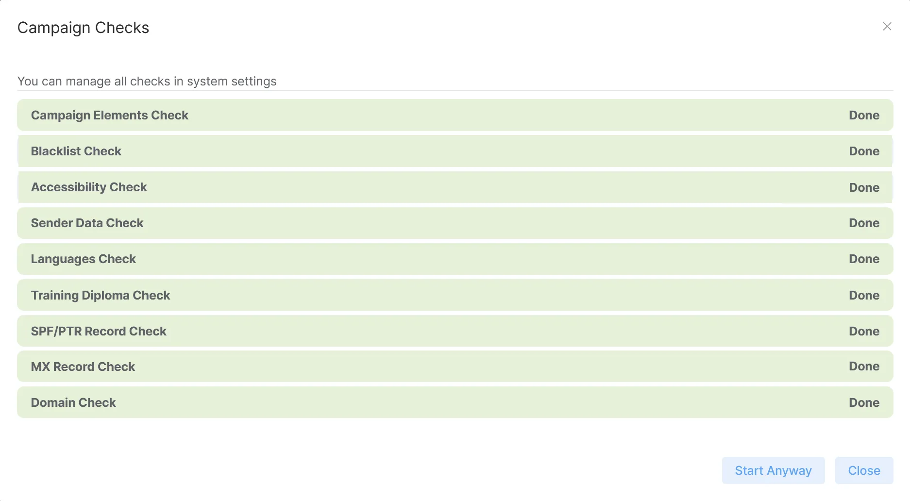 The campaign checks dialog, with the elements, blacklist, accessibility, sender data, languages, training diploma, SPF/PTR record, MX record and domain checks all marked Done