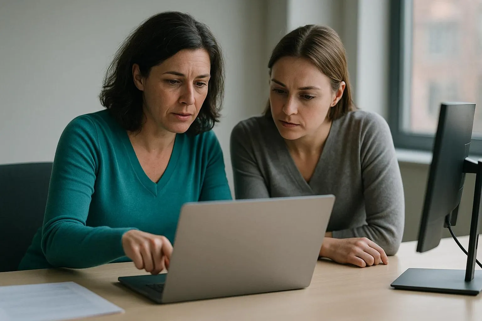 An IT manager showing a policy page on a laptop to an HR colleague leaning in beside her