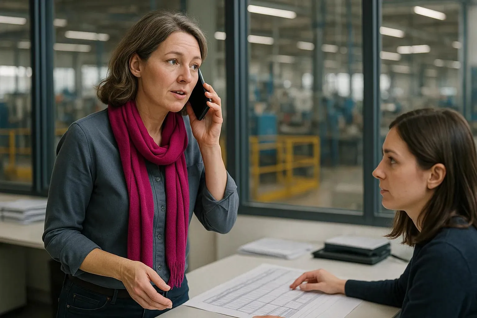 A production planner taking a call and turning to answer a colleague who has looked up from a printed schedule