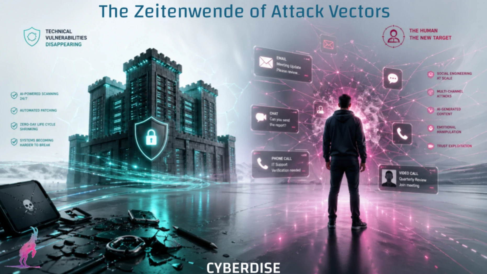 Title card "The Zeitenwende of Attack Vectors": a secured fortress for disappearing technical vulnerabilities on the left, a man surrounded by email, chat, phone and video-call messages as the new human target on the right