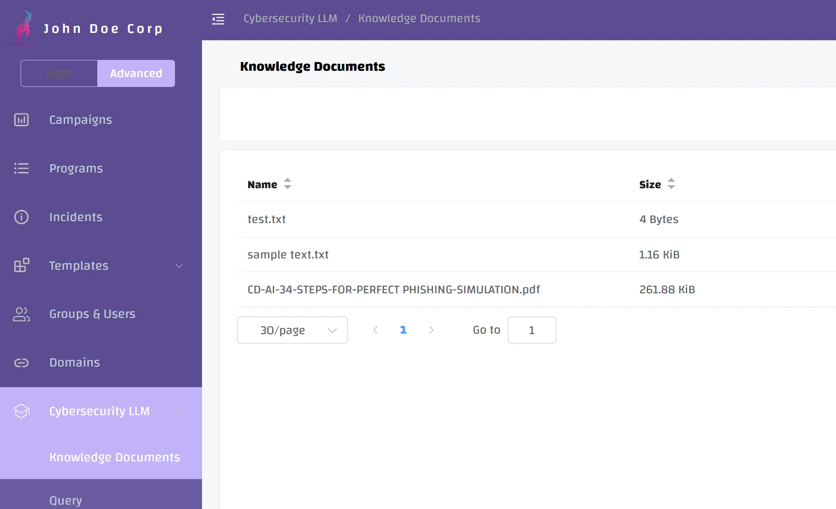 The Knowledge Documents view in Cyberdise, where the policy files the chatbot answers from are uploaded and processed