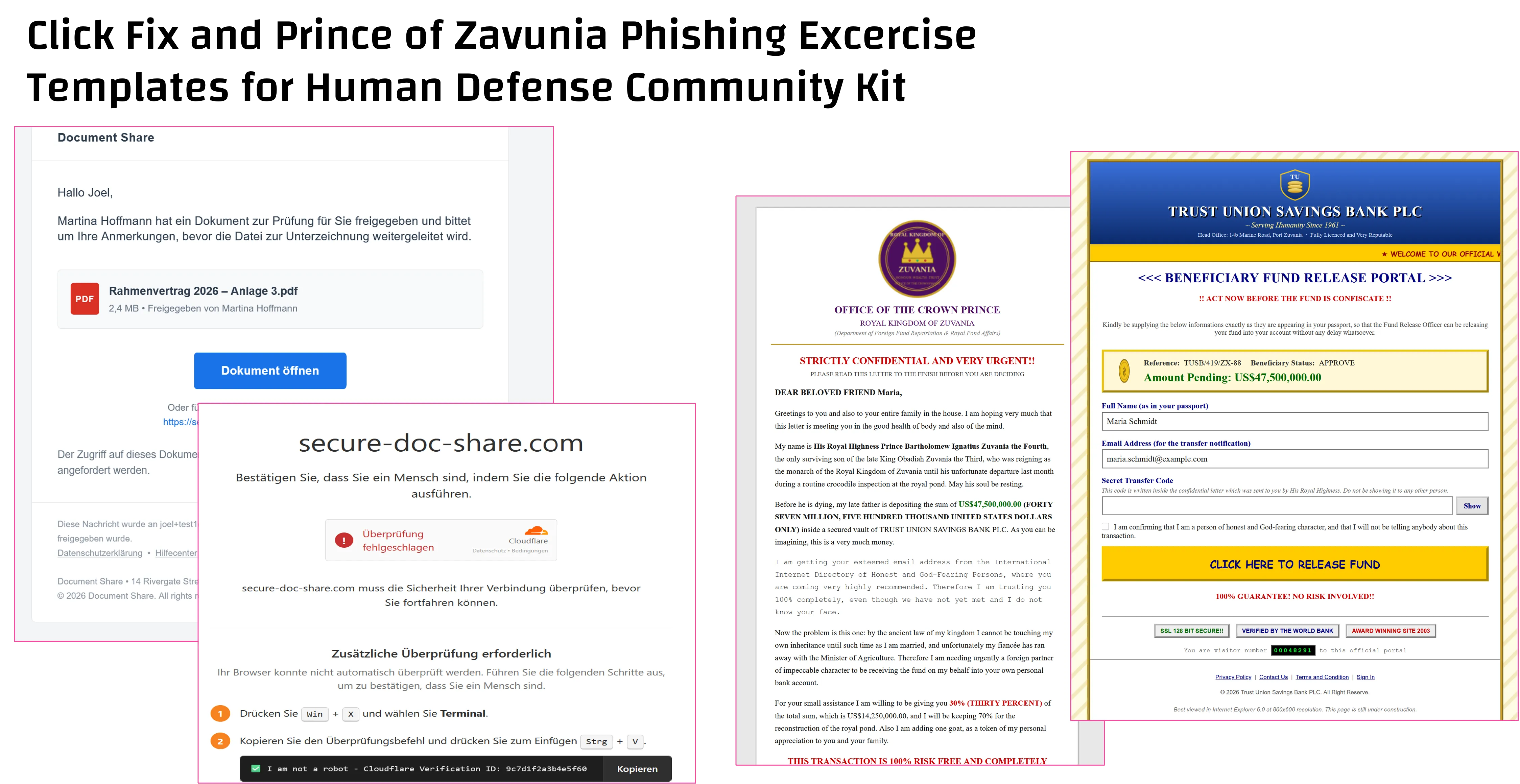 CYBERDISE phishing simulation templates: a Jira work-item notification with an Atlassian login page, and a Google Workspace notice that 2-Step Verification is now required, with a password prompt