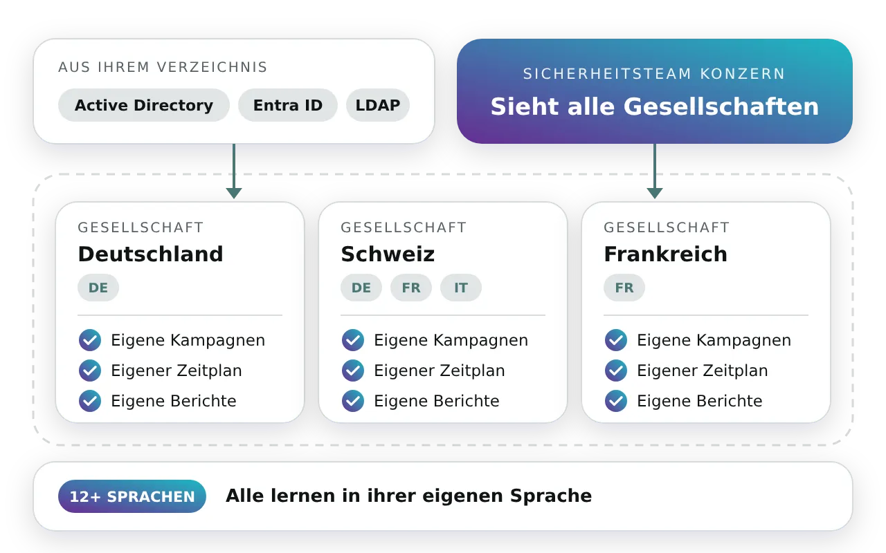 Eine Cyberdise Plattform für einen Konzern: Die Nutzenden kommen aus Active Directory, Entra ID und LDAP in eine eigene Umgebung pro Gesellschaft, jede mit eigenen Kampagnen, eigenem Zeitplan, eigenen Berichten und Sprachen, während das Sicherheitsteam des Konzerns alle Gesellschaften sieht, mit Inhalten in über 12 Sprachen