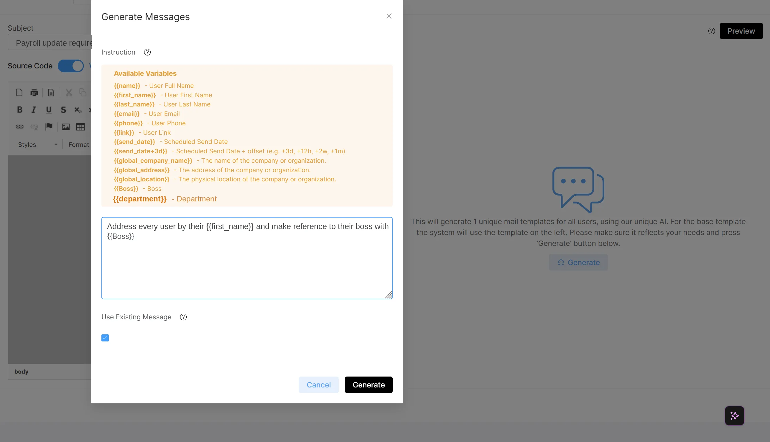 The Generate Messages dialog, listing the per user variables and the instruction that individualizes one template