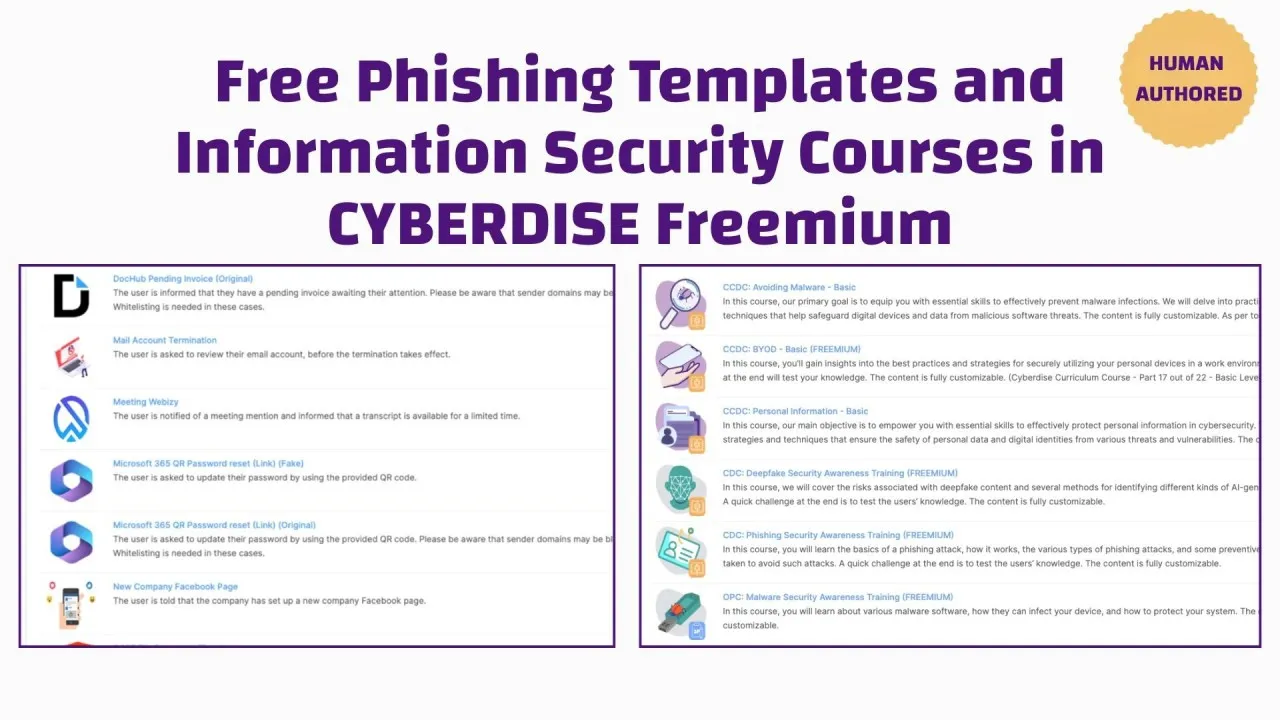 Titelgrafik: «Free Phishing Templates and Information Security Courses in CYBERDISE Freemium» über Vorlagen- und Kurslisten.