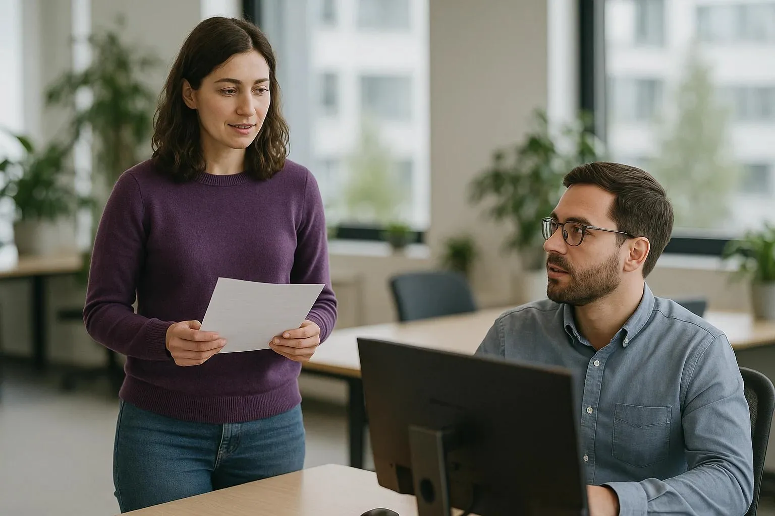 A security analyst turning from his screen to talk to a colleague holding a printed case note