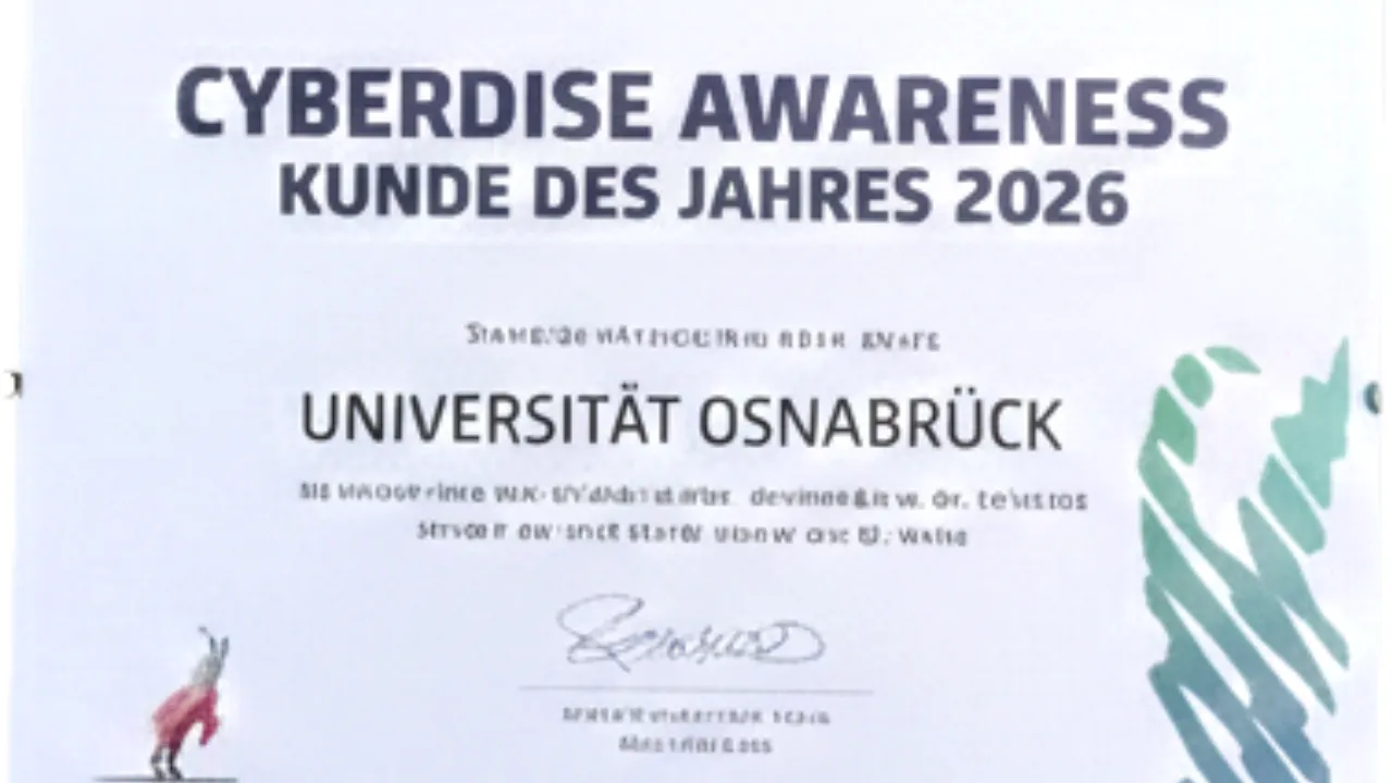 Urkunde «Cyberdise Awareness Kunde des Jahres 2026» für die Universität Osnabrück.