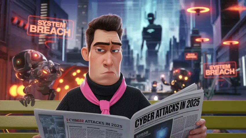 Cartoon man on a bench reads a "Cyber Attacks in 2025" newspaper while robots and "System Breach" signs fill the city.