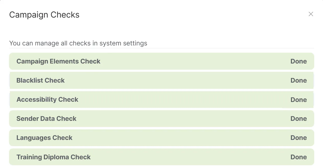 Campaign checks before launch, from campaign elements to sender data, all done