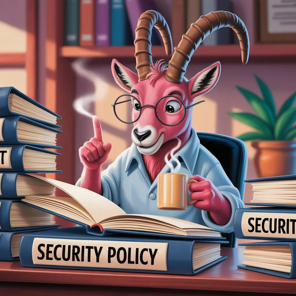 Illustration: ein pinker Steinbock mit Brille und Kaffeetasse studiert einen dicken Ordner «Security Policy», Finger erhoben.