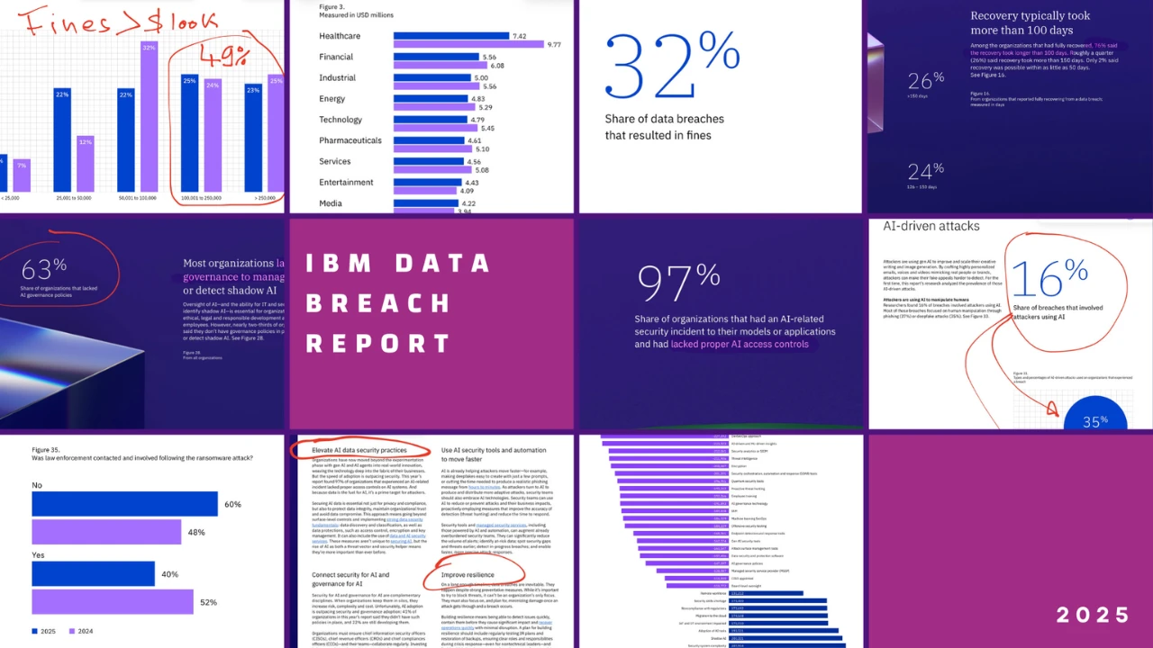 Collage "IBM Data Breach Report 2025": annotated report pages and charts, e.g. 32% of breaches resulting in fines.