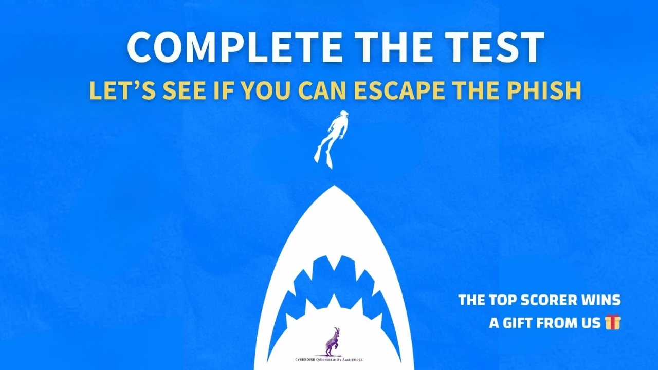 Titelgrafik «Complete the test – let's see if you can escape the phish»: Taucher über einem Haimaul, Preis für den Besten.
